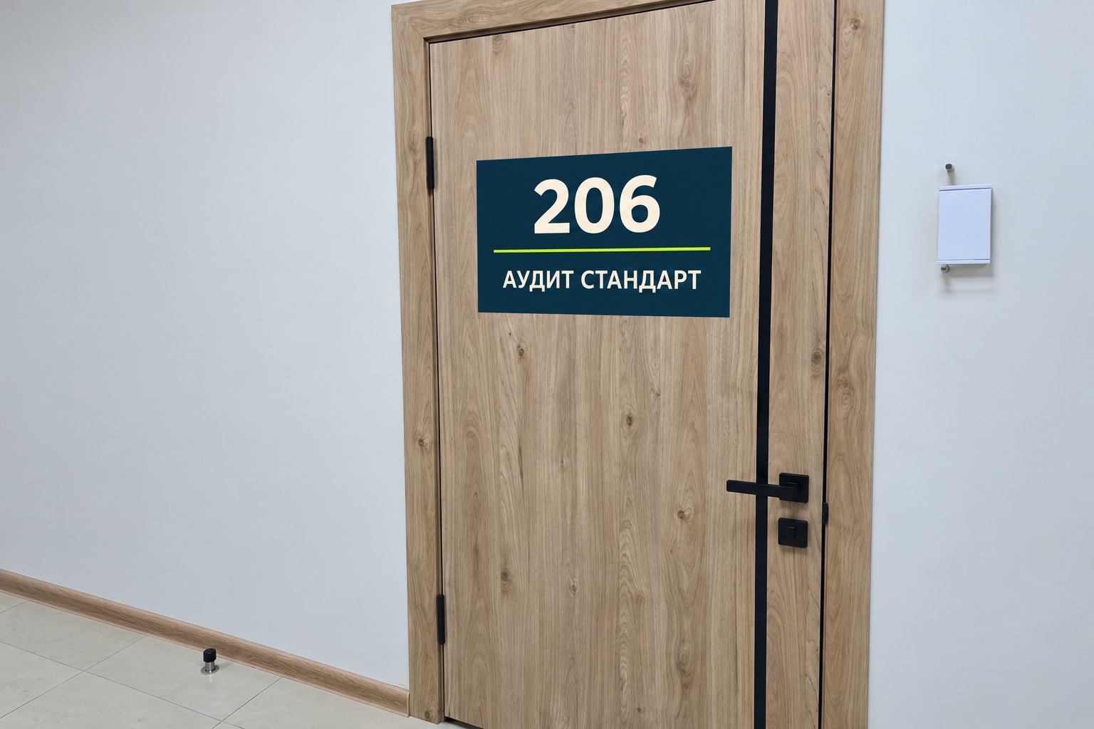 Дверь офиса с добавленной навигационной подписью «206 · Аудит Стандарт»